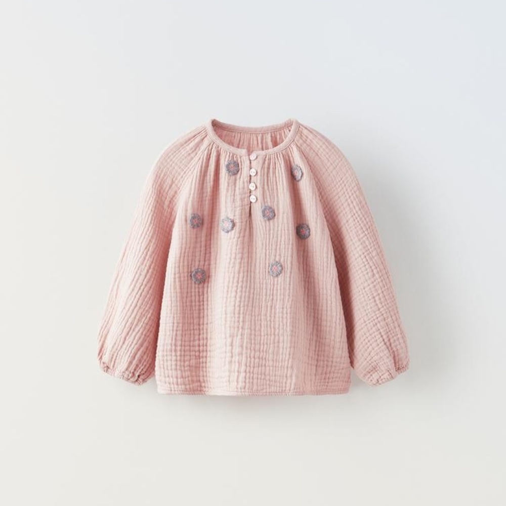 ZARA Pink TEXTURED EMBROIDERED BLOUSE with floral applique 9-12 Months